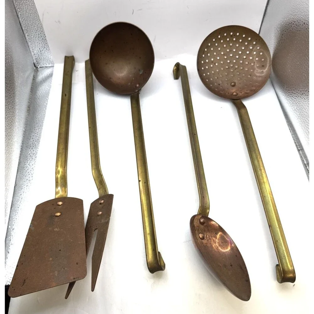 Vintage 5 Pc French Copper Kitchen Utensil Wall Hanging Set MCM Farmhouse Decor